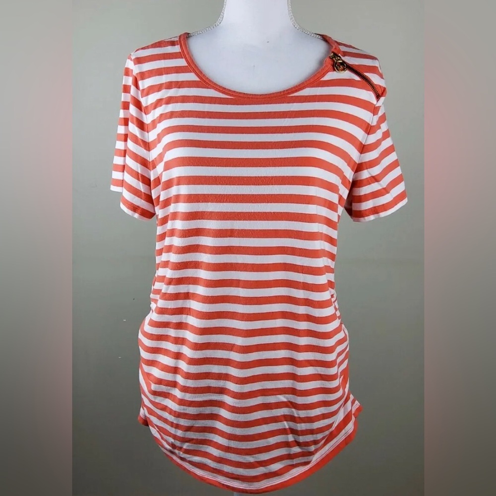 Michael Kors Orange and White Tee with Shoulder Zipper Detail Size XLarge